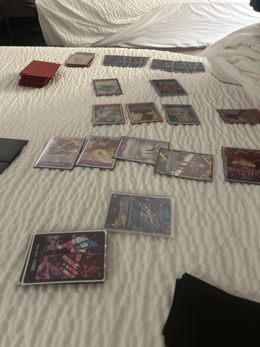 LafinteTCG's tweet photo. 9/27 Ottawa Regional:
Brought enel for low mental load games (couldn’t do another weekend of blackbeard) and ended up top 16 in day 2! @YonasOPTCG list -1 ggl +1 gamma

Happy to come with my gf who practiced Lace with me and went 2-2 in her first ever tournament!

Round 1: Rocks ✅
Round 2: Robin ✅
Round 3: Sabo 🎲✅
Round 4: Sabo 🎲✅
Round 5: Lace ❌ (45454)
Round 6: Rocks ✅
Round 7: Mihawk ✅
Round 8: Ace 🎲❌ (I see the line now)
Round 9: Ace 🎲✅
Round 10: Enel ✅

Top Cut without side selection:
Top 32: Lace ✅✅
Top 16: Robin ✅❌❌ @GTS0806 

(Also pictured consigned loot from last week / this week for sale, dm if interested)
