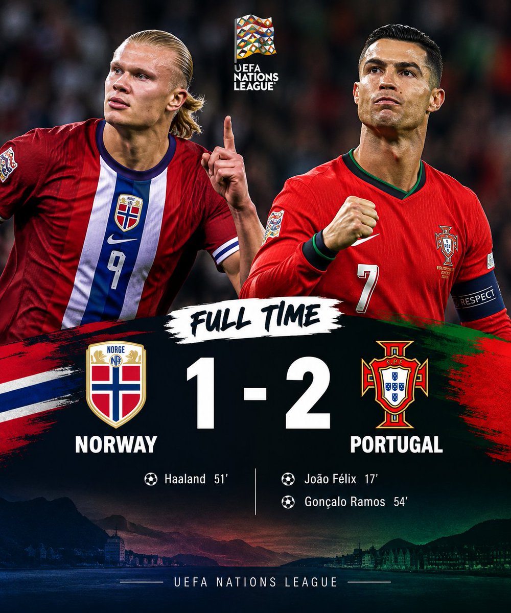 Atomkin0's tweet photo. 🇳🇴 Norway 1-2 Portugal 🇵🇹

Portugal secured a hard-fought win in Oslo after João Félix opened the scoring early. Erling Haaland levelled for Norway shortly after half-time, but Gonçalo Ramos restored Portugal’s lead minutes later.

Norway pushed for an equaliser late on, but Portugal held firm to claim all three points in the Nations League. 🇵🇹🔥

⚽ João Félix 17'
⚽ Haaland 51'
⚽ Gonçalo Ramos 54'

🏁 FULL-TIME 

#NORPOR #NationsLeagueSources