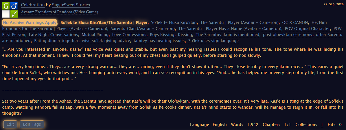 SarcasticSugarr's tweet photo. Hi everyone! Bit of a strange post today, but I'm part of the Tamtey Big Bang 2026 and I just posted my fanfiction featuring So'lek x Kas'e! 
https://t.co/Q2RkarfSdb
Please give it a read if you're interested and make sure to support the other amazing artists involved! https://t.co/V2nVRxFzRi
