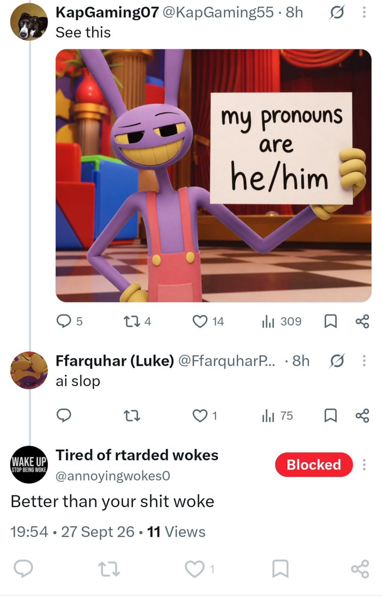 FfarquharPoof's tweet photo. This type of behavior is so sad, how mentally fucked up do you have to be to quote tweet every single piece of trans Jax fanart with the same slur usage and transphobic comments. Does this dumb mf have nothing better to do with their time? https://t.co/cDclb52v5I
