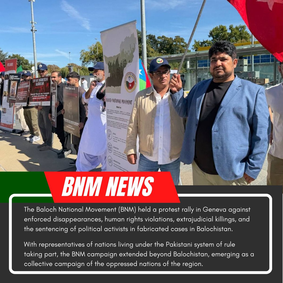 Ilyas_baloch01's tweet photo. The #Baloch National Movement #BNM held a protest rally in #Geneva against #EndEnforceddisappearances , human rights violations, extrajudicial killings, and the sentencing of political activists in fabricated cases in #Balochistan .
#BNMatUNSep2026
#BNMGlobalCampaign
#TheBNM https://t.co/sIKtFaEu8J