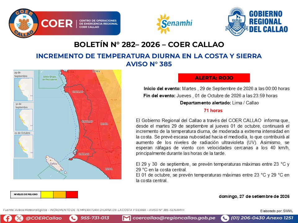 COERCallao's tweet photo. INCREMENTO DE TEMPERATURA DIURNA EN LA COSTA Y SIERRA – AVISO N° 385. #Callao #Bellavista #CarmenDelaLeguaReynoso #laPerla #LaPunta #MiPeru #Ventanilla #GobiernoRegionalDelCallao #COERInforma https://t.co/ZjHHZ3afSb