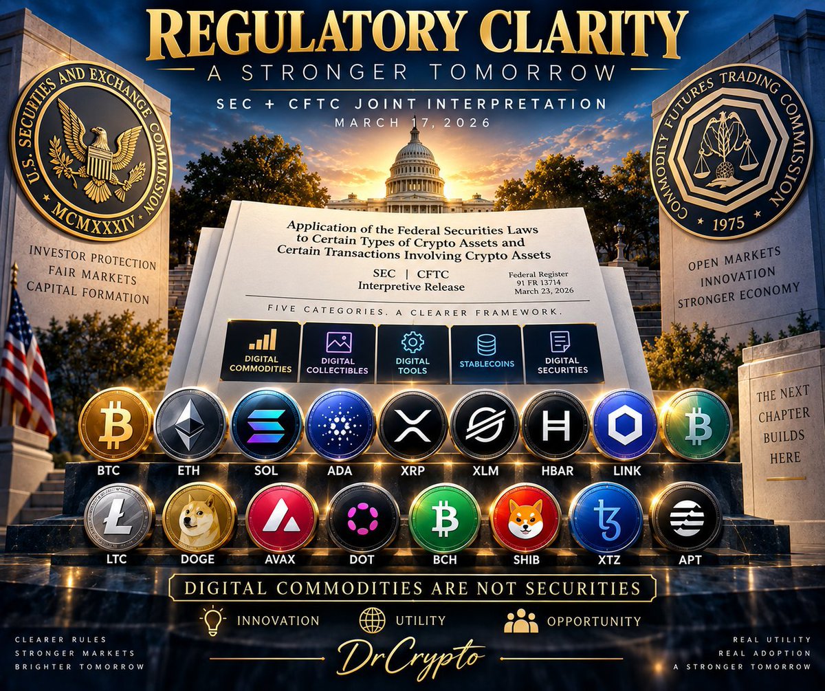 Barontrump3d's tweet photo. THIS IS BIGGER THAN XRP. THIS IS REGULATORY CLARITY.
The SEC–CFTC joint interpretation just drew a much clearer line around crypto.
What this means for XRP and the other named cryptos
 interpretation provides substantially clearer federal regulatory treatment for XRP https://t.co/mdCp7FttL3