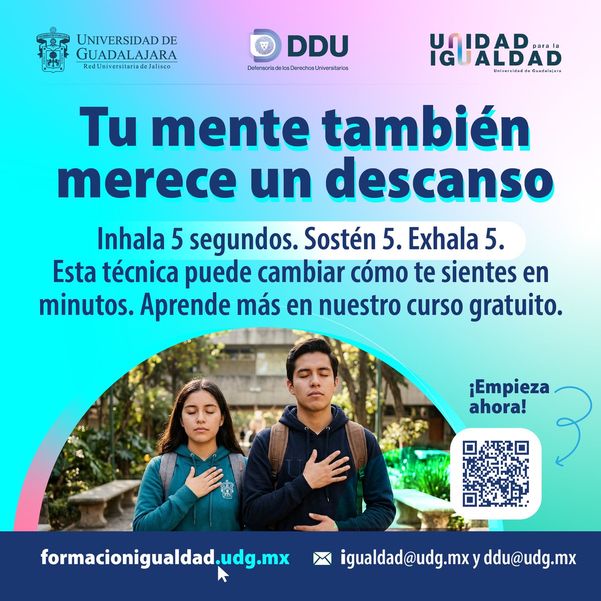 DDUUDGOFICIAL's tweet photo. El estrés laboral es real.  ¿Cuándo fue la última vez que respiraste con calma? El curso 'Respira y   avanza' de la DDU te ofrece técnicas prácticas para gestionar la ansiedad   desde el trabajo. Gratis · En línea ·Certificado. Cuídate también tú. 💙   #BienEstarLaboral #DDU_UdeG https://t.co/7FmLq636K9