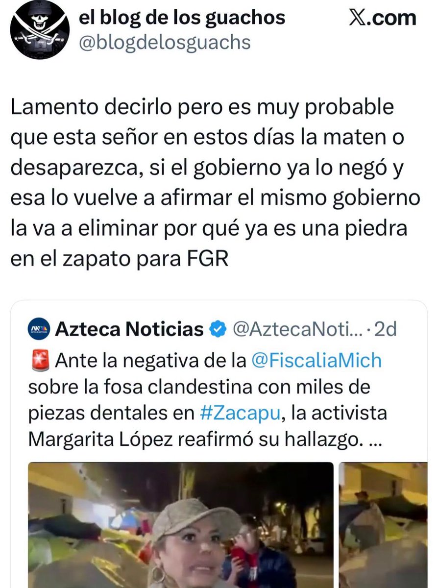 GARCIPAVON's tweet photo. ✍️  Mensaje de Margarita López (madre buscadora) 👇
Hoy me encuentro con esta publicación en X, donde se plantea que en los próximos días podrían mat@rme o desap@recerme y se afirma que, supuestamente, me he convertido en “una piedra en el zapato” para la FGR.

No sé quién está detrás de esta publicación ni qué intención existe detrás de ella, lo que sí sé es que una amenaza de esta naturaleza no puede tomarse a la ligera.

Soy madre buscadora, mi delito ha sido buscar a quienes no están, exigir que se investiguen las desap@riciones y pedir que las autoridades cumplan con su obligación.

Si algo me sucede a mí o a cualquier integrante de mi familia o de mi colectivo, hago responsable a la FGRMexico y al Gobierno de Morena.

No voy a convertir el mi3do en silencio, las amen@zas no impedirán que siga documentando, denunciando y buscando mientras Dios me lo permita.