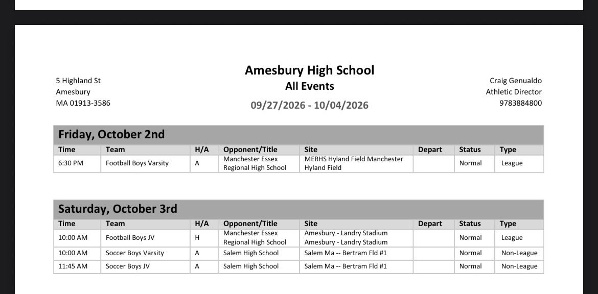 AmesburyRedHawk's tweet photo. Amesbury Athletic Schedule:  Week of September 28th. 

Notable contests:

Mon 9/28
6:00 - Girls Soccer SR Day
Landry Stadium
(Weather Permitting)

Wed 9/30
3:30 - XC SR Day 
Woodsom Farms

Thu 10/1
3:30 - Golf SR Day
Amesbury Country Club https://t.co/Vf0qp8VzCK