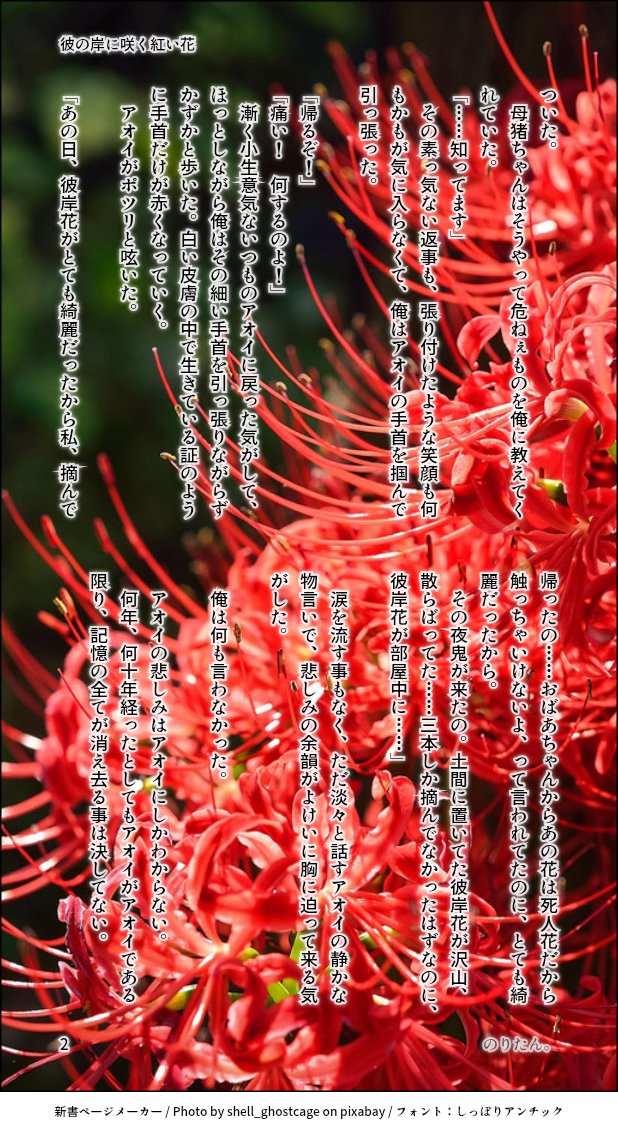 oG9IBXx93CJWksZ's tweet photo. おはようございます✨
「花を巡る」十七輪目は「彼岸花」昨年書いた物に少し加筆しました。
「彼の岸に咲く紅い花」
最初と最後に北原白秋氏の「曼珠沙華─ひがんばな─」を引用させて頂きました。
👹殺隊時代の🐗💙です。
全4P。💙ちの過去捏造です。 https://t.co/BfhIJTOali