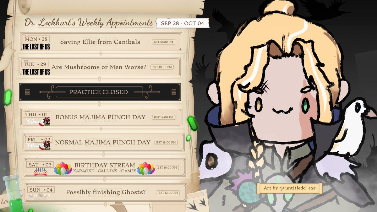 Lockhart_VT's tweet photo. Appointments for this week. 

This week is also a very special week as we will be celebrating our Birthday on Oct 3rd! 
I have a little something extra prepared. 🎂

⚚Live: #LockhartLive
⚚Clips: #DosesofLockhart
⚚Art: #LockArtistry
⚚NSFW: #UnLockArted

Art by @untitledd_exe https://t.co/p2iLQG9vrX
