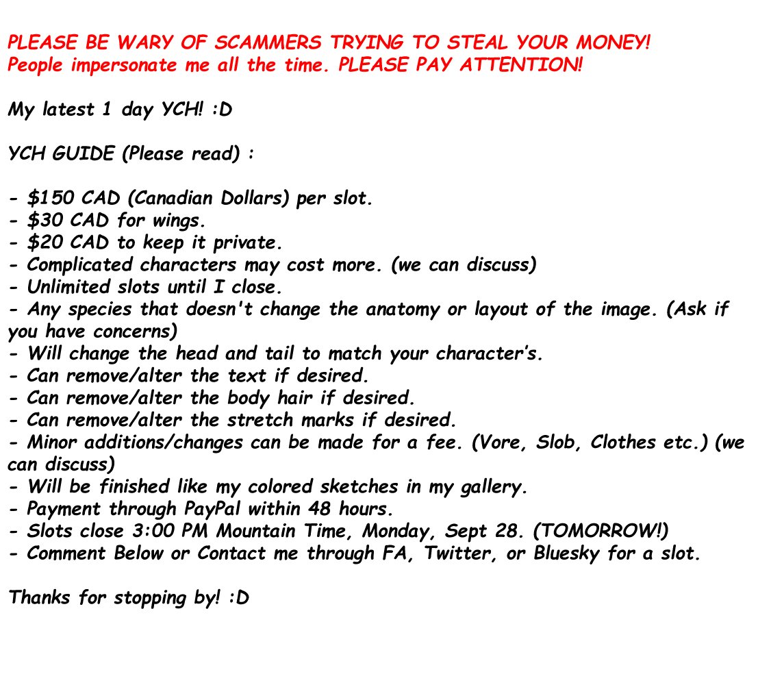 Unfair_Bear's tweet photo. MULTI-SLOT YCH

Slots close TOMORROW.

Comment below if you would like a slot, and I will contact you through DM's.

Please read the guide I've attached.

Please be wary of scammers. https://t.co/A6cxLQ4zy4