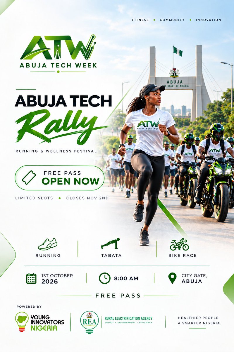Abujatechweek_'s tweet photo. 🇳🇬 Nigeria’s Tech Ecosystem Celebrates Independence Day! 🇳🇬

On *1st October 2026*, the Nigerian tech ecosystem comes together to celebrate our nation’s Independence Day with a powerful gathering of innovation, fitness, community, and technology.

Meeting Point:City Gate, Abuja
3,000+ Tech Enthusiasts, Innovators & Professionals
Abuja Tech Rally | Running & Wellness Festival
1st October 2026 | 8:00 AM

Let’s come together as one community to celebrate Nigeria, Innovation, and the future we are building.💚🤍💚

FREE PASS — JOIN THE MOVEMENT!

🌐 https://t.co/vAeeThRdCV 

#AbujaTechWeek #AbujaTechRally #NigeriaIndependence #October1st #TechEcosystem #NigeriaTech #TechCommunity #Innovation #Abuja #NigeriaAt65