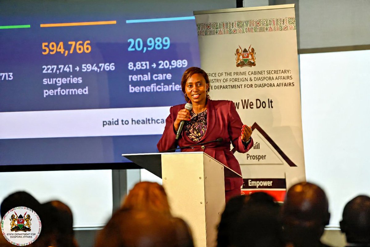 Diaspora_KE's tweet photo. RECAP: 
On the sidelines of the 81st Session of the United Nations General Assembly in New York, the State Department for Diaspora Affairs hosted a presidential diaspora engagement forum that brought together various Ministries, Departments and Agencies (MDAs). 

The MDAs shared key national priorities and outlined ongoing projects in Kenya, highlighting how Kenyans in the diaspora can tap into these opportunities and contribute to national development.

On affordable housing, Principal Secretary for Housing and Urban Development, Mr. @PSCharlesHinga, outlined the Government's projects in housing, markets and other infrastructure development. He elaborated on the expansion of access to affordable housing and how the diaspora can benefit from these initiatives. PS Hinga further encouraged Kenyans abroad to invest in affordable housing and took them through the registration process.

On universal healthcare, Principal Secretary for Public Health and Professional Standards, Ms. @psmuthoni , led discussions on strengthening healthcare delivery and the Social Health Authority (SHA). Dr. Mercy Mwangangi provided further insights into the Government's healthcare initiatives.

At the same time, @InvestKenya_ Chief Executive Officer, Mr. John Mwendwa, presented Kenya's investment opportunities to members of the Kenyan diaspora in the United States. The CEO reaffirmed that Invest Kenya will work closely with @Diaspora_KE to convert the interest expressed into concrete investments across various sectors of Kenya's economy.

The @IEBCKenya Vice Chairperson, Ms. Fahima Abdallah, used the opportunity to share insights of what tye electoral body is doing to ensure Kenyans abroad are not left out of Kenya's democratic processes.

The forum reaffirmed the whole-of -Government's commitment to working closely with Kenyans abroad to advance inclusive growth and national progress. #DiasporaFirst