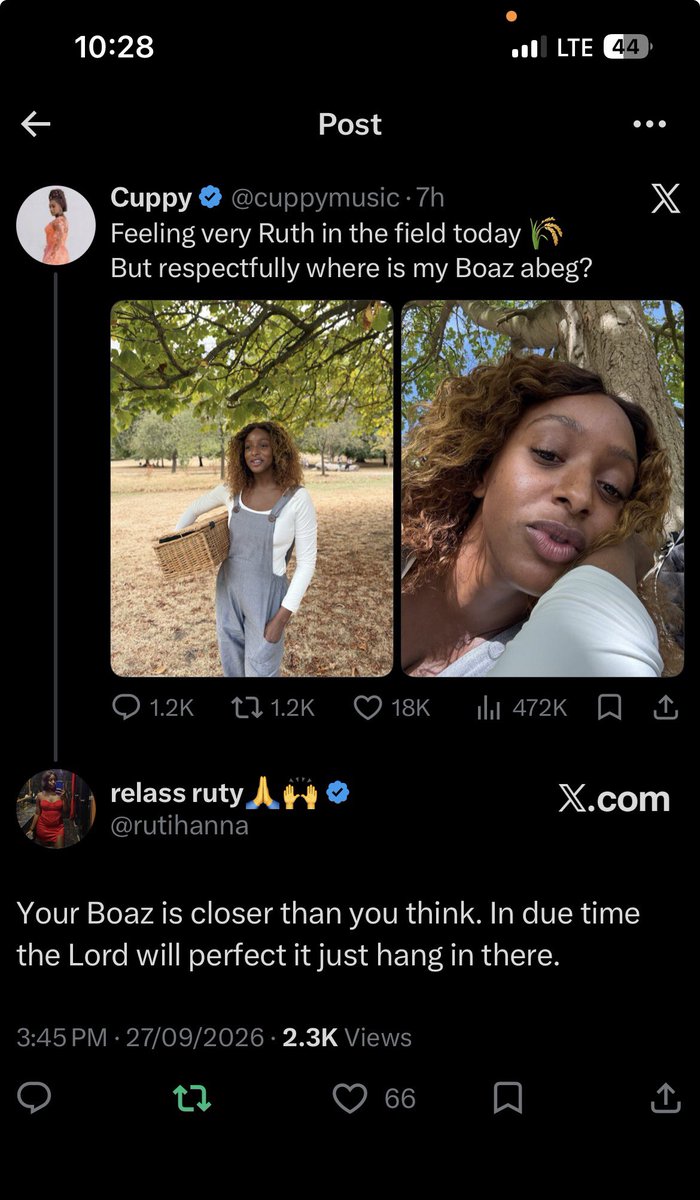 rutihanna's tweet photo. At exactly 12am Nigerian time, we are coming together as a nation to pray for @cuppymusic 
 
She as, Ruth looking for her Boaz.  

The bible says where two or more people are gathered in their midst he’s there. 

Leave everything you are doing and pray for dj cuppy. 

Love you sis.