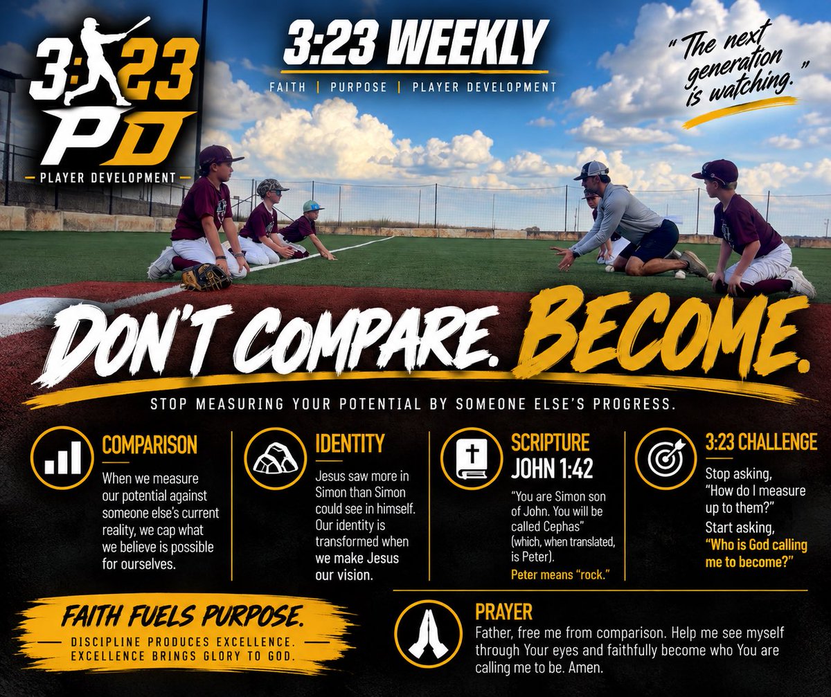 323pd_kaase's tweet photo. 3:23 WEEKLY | DON’T COMPARE. BECOME.

📖John 1:42

When we measure our potential against someone else’s current reality, we cap what we believe is possible for ourselves.

Stop asking: “How do I measure up?”

Start asking: “Who is God calling me to become?”

#323PlayerDevelopment https://t.co/dGecgR1fxZ