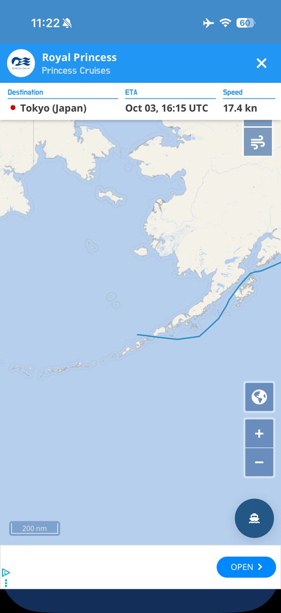 tanstaafl44's tweet photo. CruiseMapperアプリで現在位置を見てみたら、思ってたのと違う航路だった。
東京に向かってる感じがしない。
#RoyalPrincess
#R1640
アラスカ半島とアリューシャン列島の北を通るのかな? 太平洋よりベーリング海の方が波が穏やかとか?
外デッキが寒すぎて、ダウンジャケット着ないとウォーキングもできないです。
16階のブッフェ行くたび、外から吹き込む風で「さっむ!」って声に出る😹