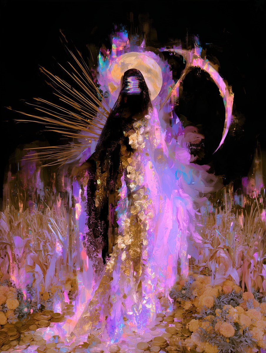 EmpressTrash's tweet photo. 🖤🌝Happy Harvest Full Moon 🌝🖤

Full Moon Airdrop has been completed to Full Moon Token Holders on Tezos and Base.

This month's artwork is Don't Fear The Reaper (Version 1 x 2) mixing my paintings with Midjourney.

You can learn more about this ongoing project here: https://t.co/yAxHjR6Mxp

Thank you for holding for another cycle. <3