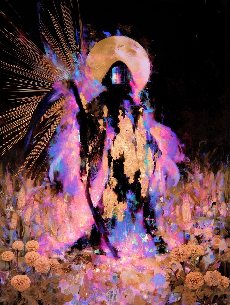 EmpressTrash's tweet photo. 🖤🌝Happy Harvest Full Moon 🌝🖤

Full Moon Airdrop has been completed to Full Moon Token Holders on Tezos and Base.

This month's artwork is Don't Fear The Reaper (Version 1 x 2) mixing my paintings with Midjourney.

You can learn more about this ongoing project here: https://t.co/yAxHjR6Mxp

Thank you for holding for another cycle. <3