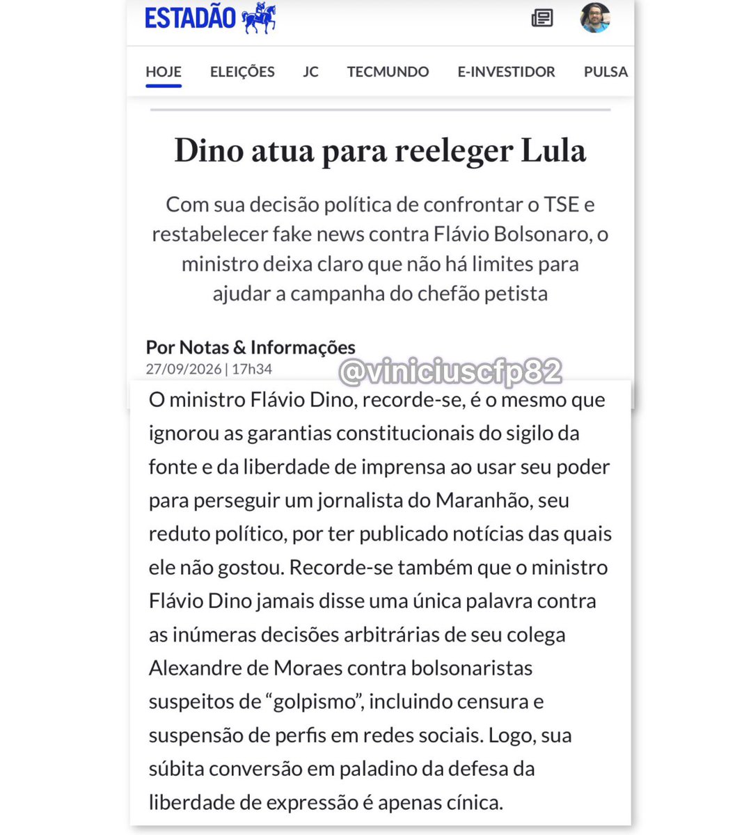 viniciuscfp82's tweet photo. ESCANDALOSO! "Dino atropelou competências de maneira monocrática e atuou de forma escancarada como militante da campanha à reeleição do presidente Lula. Nada surpreendente, diante da baderna judicial à qual infelizmente o País já começa a ficar habituado, graças à irresponsabilidade de uma parte dos ministros do STF", trecho do Editorial.