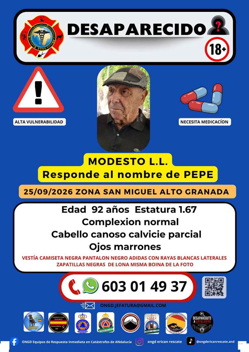 Asvogra's tweet photo. ❗️Rogamos colaboración❗️ para encontrar a este #Mayor #Desaparecido en #Granada desde el 25 de septiembre en la zona de San Miguel Alto #personavulnerable , necesita medicación ⚠️

@EmergenciasGRX https://t.co/1fFFnDHQpD