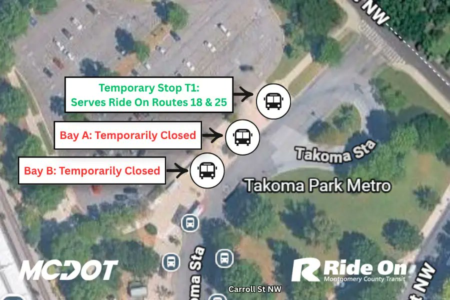 MCDOTNow's tweet photo. ๐๐ICYMI๐๐
WMATA began Phase 1 of bus shelter replacement work at Takoma Metro Station last week as part of its Bus Shelter Replacement Program. During this phase, bus bays A and B will be temporarily closed. #RideOn Bus Routes 18 & 25 will use temporary bay T1. #mdcommuters https://t.co/ZVTfcMEY19