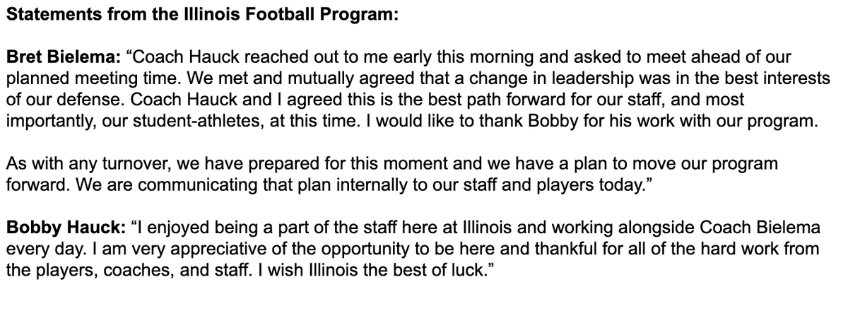 bmarcello's tweet photo. NEWS: Illinois defensive coordinator Bobby Hauck is out after only 4 games. He and Bret Bielema "mutually agreed" on a change in leadership. https://t.co/fFvlSYVuao