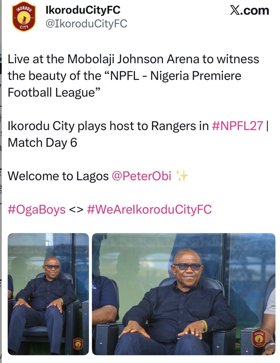 IgboHistoFacts's tweet photo. Ikorodu FC has deleted its post welcoming Peter Obi to the stadium in Lagos today. https://t.co/cWpu8kQaiu