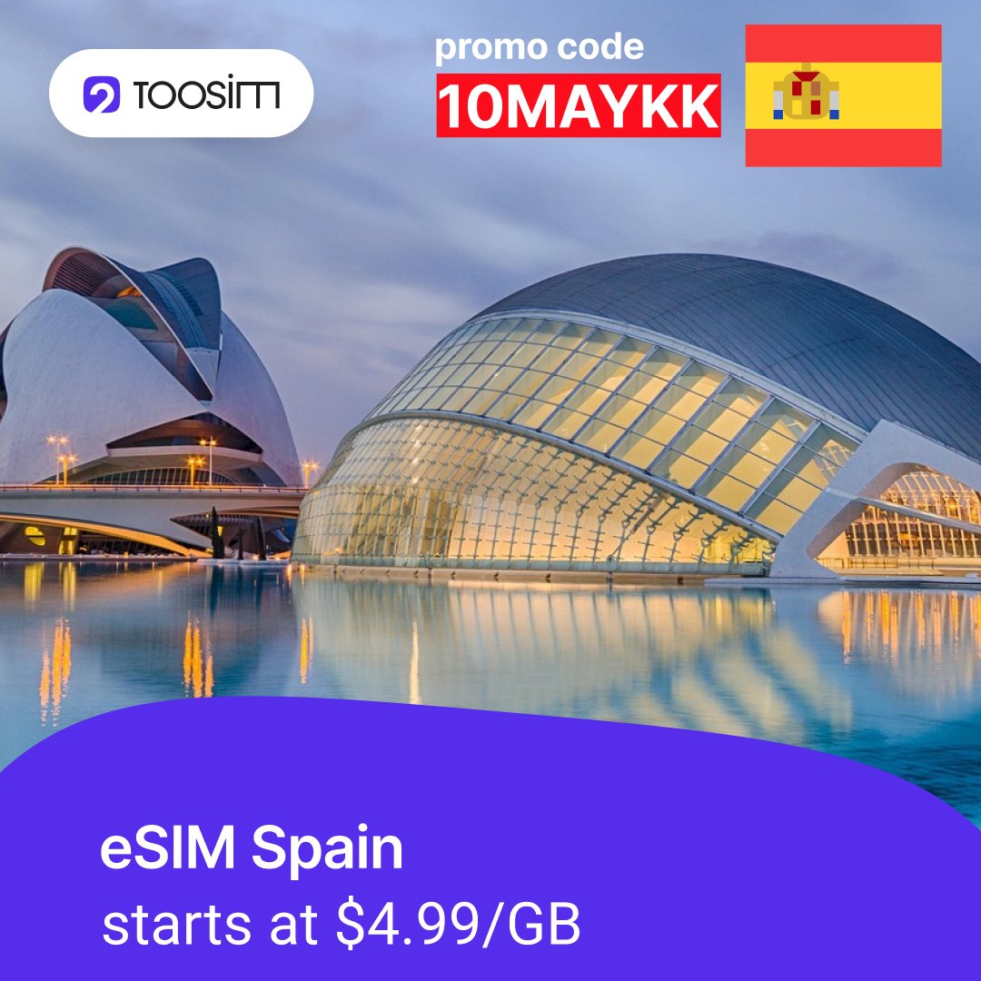 Toosim_eSIM's tweet photo. Spain runs on its own rhythm — later meals, different distances 🇪🇸 Stay flexible & always connected! Get instant data upon arrival with TooSim eSIM. No roaming stress, just smooth travel.
💡 10% OFF with code: 10MAYKK
👉 https://t.co/uD0r1qrCs3
#SpainTravel #TooSim #eSIM https://t.co/IdFymilTey