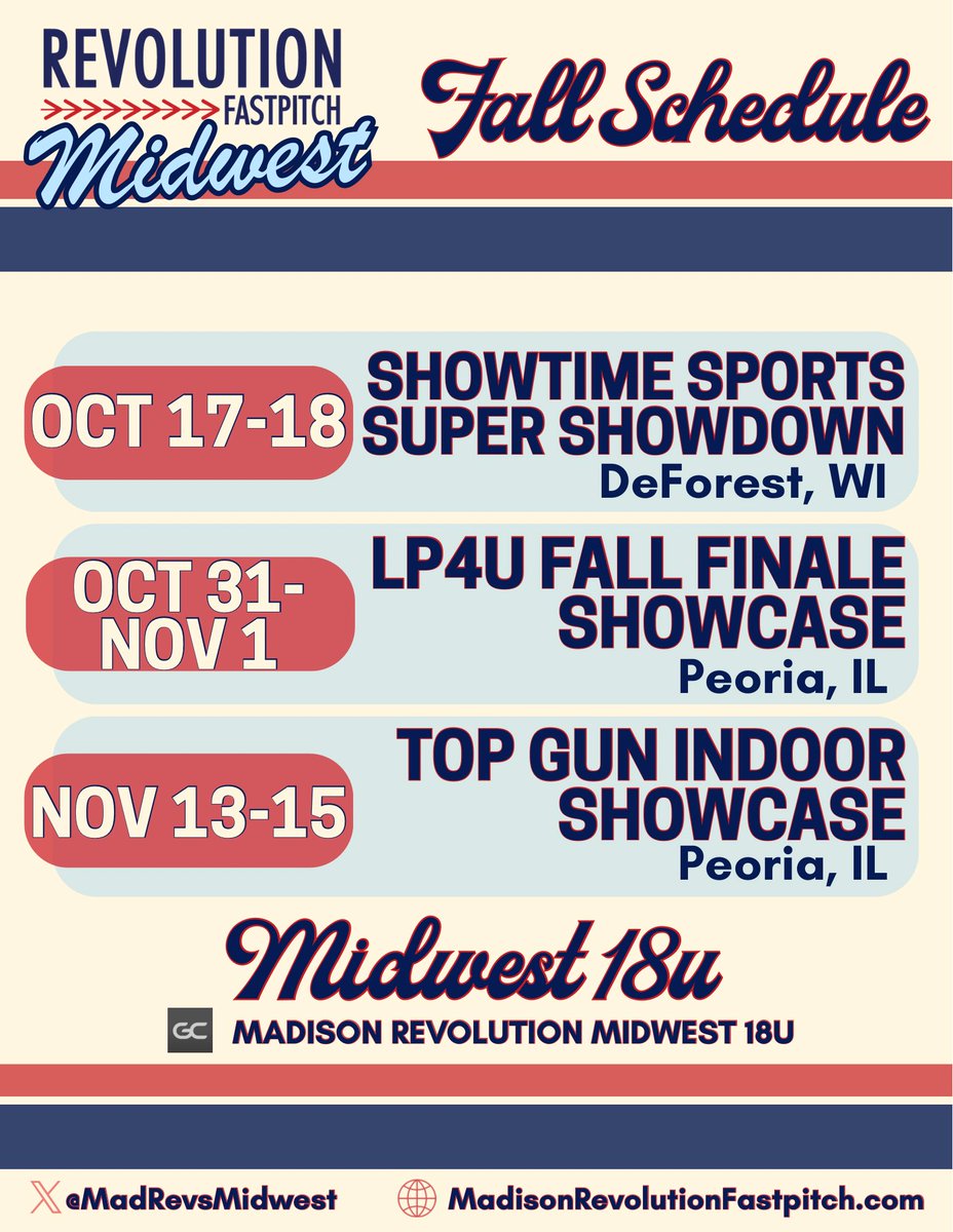 MadRevsMidwest's tweet photo. Midwest 18U is excited to hit the field again this fall! Check us out in DeForest and Peoria, or check out our Game Changer! Can’t wait to lace up the cleats! https://t.co/fDTt7Zrg7M