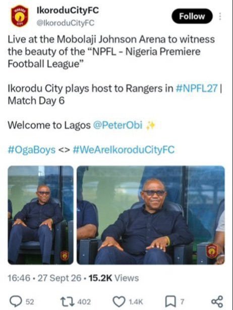 RealQueenBee__'s tweet photo. It is a shame that @IkoroduCityFC posted a picture of Mr. Peter Obi and deleted it all because of politics.

Tinubu and the APC have destroyed Nigeria's democracy, they institutionalised bigotry &amp; hatred into every fabrics of Nigeria.

Show me the post and I will give you N10m. https://t.co/bOgQYFQ5Ac