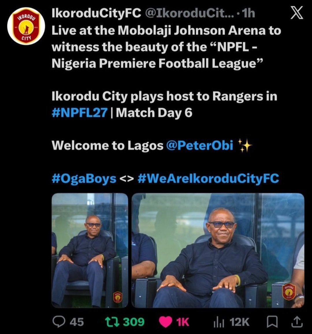 RealQueenBee__'s tweet photo. It is a shame that @IkoroduCityFC posted a picture of Mr. Peter Obi and deleted it all because of politics.

Tinubu and the APC have destroyed Nigeria's democracy, they institutionalised bigotry &amp; hatred into every fabrics of Nigeria.

Show me the post and I will give you N10m. https://t.co/bOgQYFQ5Ac