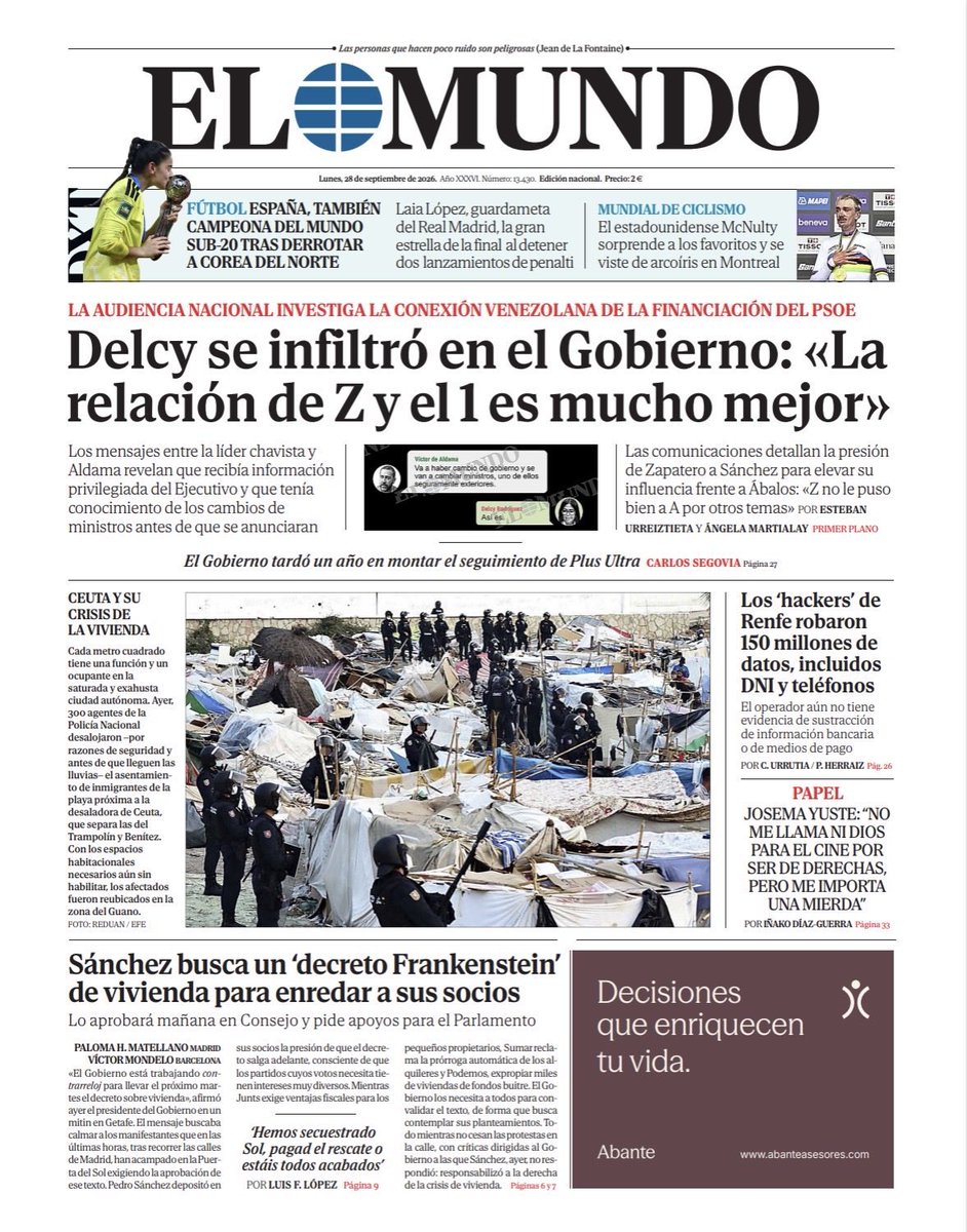 eurreiztieta's tweet photo. #Exclusiva EL MUNDO revela los mensajes en los que Aldama filtra a Delcy Rodríguez información interna del Gobierno que le facilitaba Ábalos. Le anticipó la destitución de González Laya como ministra o le advirtió del aumento de la influencia de Zapatero sobre Sánchez: “La relación de Z y el 1 es mucho mejor”.