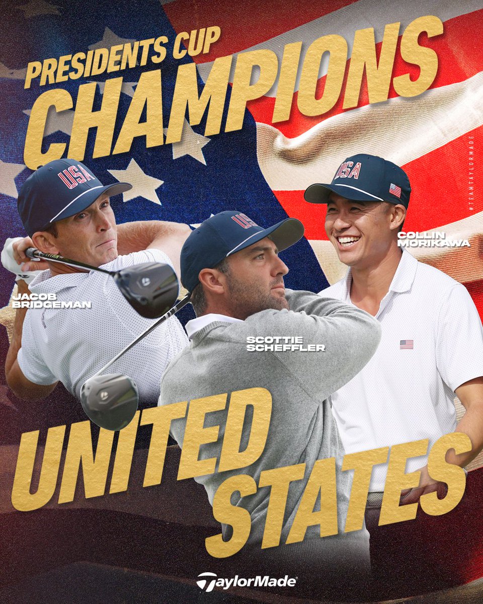 TaylorMadeGolf's tweet photo. A comeback for the Cup! 🏆

Scottie Scheffler, @collin_morikawa, and @JacobBridgeman1 help the U.S. Team seal the deal in Chicago and secure its 11th consecutive Presidents Cup win!

In Sunday’s Singles matches, Scheffler won 2&1, Morikawa won 1UP, and Bridgeman won 1UP to earn the clinching point and help complete the U.S. Team’s comeback. #TeamTaylorMade