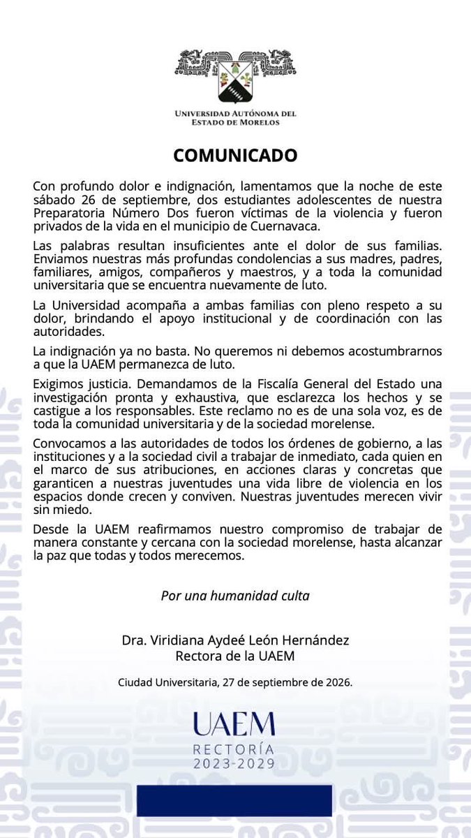 Ferritortola's tweet photo. Anoche, dos chavos de la prepa dos de la UAEM, asesinados en Cuernavaca.

17 años. https://t.co/WYNhEYAbh0