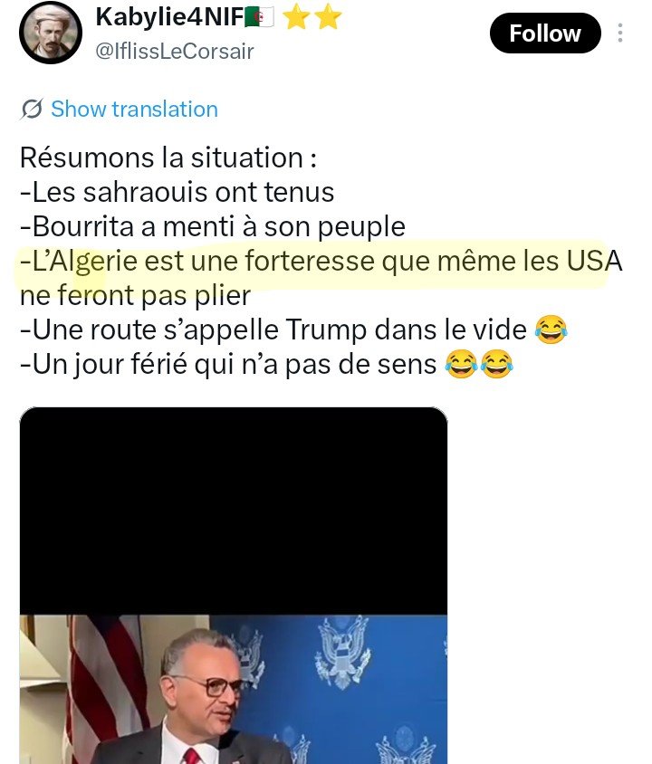 thebiggragga's tweet photo. @tambaliken Plus que ça, on apprend que "L’Algerie est une forteresse que même les USA ne feront pas plier", d'après l'algéchien lobotomisé 🥴
Ces untermensch n'arrivent pas à comprendre leur vrai rôle de médiateur avec la crise du Hormuz et que ce libanais n'est qu'un pion dans le négoce. https://t.co/JfuRNzfzfG