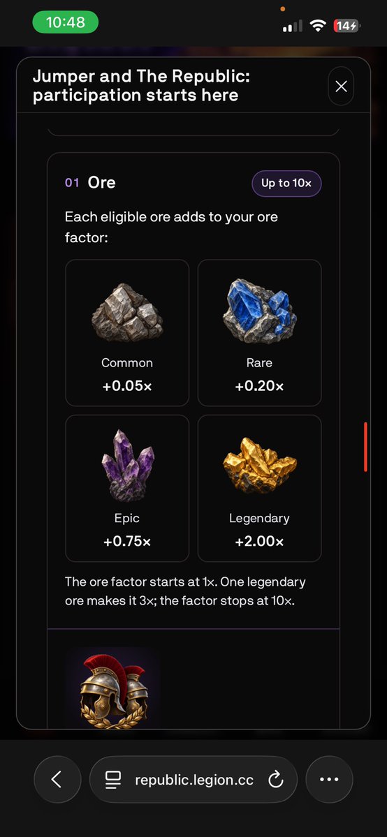 _darketh's tweet photo. So Let’s talk About the Ore Crate in republic of @legiondotcc 

So basically You can earn mystery box through completing the task in journey.

This mystery crate give you 4 types of ore and VP based on your luck.

Common ore- 0.05 x boost each
Rare ore - 0.2 x boost each
Epic ore - 0.75 x boost each
Legendary ore- 2x boost each

My Inventory is following as:—
15 Common Ore → +0.05× each = +0.75×

5 Rare Ore → +0.20× each = +1.00×

So my current ore multiplier = 1× + 0.75× + 1.00× = 2.75×.

Right now I’m sitting on:

15 Common Ore → +0.75×
5 Rare Ore → +1.00×

So for now, I’m holding my ore and seeing how the inventory develops. 

Disclosure: I’m participating in a rewarded community campaign on The Republic.

https://t.co/VKptzR0cco…