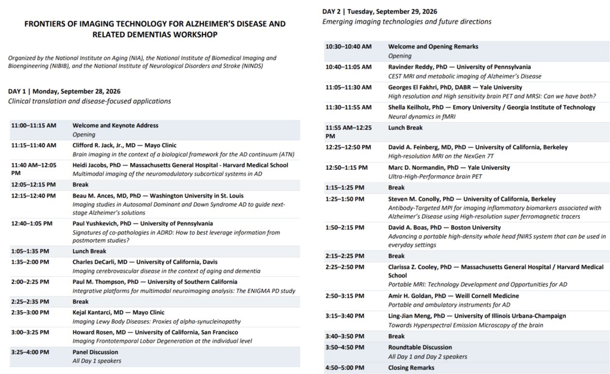 PTenigma's tweet photo. 🔥  🧠 JOIN US* TOMORROW FOR AN ONLINE WORKSHOP:  🧠  🧠 - see line-up in screenshot

🔥 NIA/NINDS/NIBIB Workshop: Frontiers of Imaging Technology for Alzheimer's Disease and Related Dementias – September 28–29, 2026 – Virtual

🔥 This NIH-sponsored workshop will bring together clinical and technology-development scientists to discuss emerging noninvasive brain imaging technologies and their translation into Alzheimer’s disease and related dementias research and clinical studies. Topics will include advances in MRI, PET, portable imaging technologies, multimodal imaging, and other innovative approaches, with presentations from leading experts in the field.  🧠 More info: https://t.co/4NnwpJBFJb
🔥 *My talk is here, I put it on YouTube: https://t.co/YrnOsOhdCX