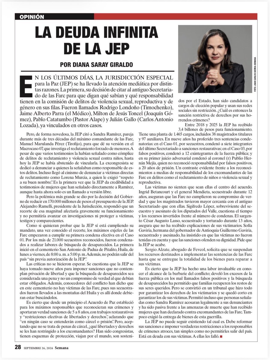 DianaSaray's tweet photo. La JEP fracasó en su mandato de que las víctimas fueran el centro del acuerdo. En la práctica, los victimarios han estado llenos de privilegios y se les ha permitido viajar por el mundo y hasta denunciar a sus propias víctimas! La JEP no cumplió con su mandato y esa es una verdad que no se puede ocultar.
