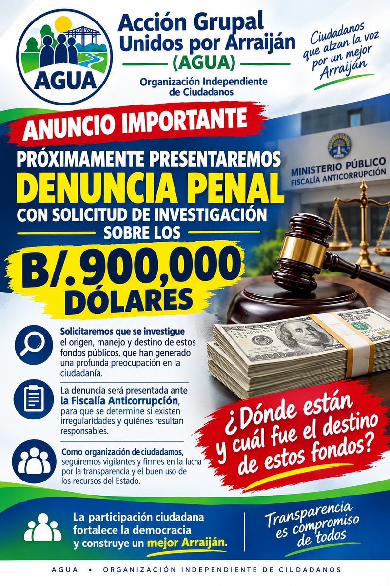 LuisTejeira9's tweet photo. #UltimaHora Denuncia penal para solicitar una investigación sobre los $900 mil que recibió el Municipio de Arraiján por parte del Metro de Panamá por indemnización. https://t.co/M9OTLWmUjL