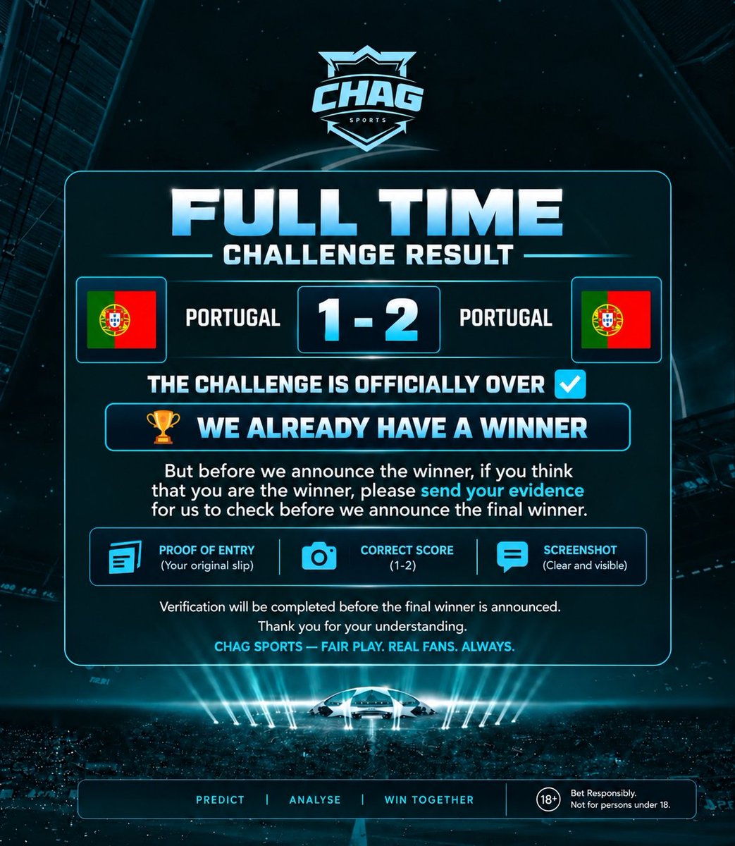 Chagsports24's tweet photo. #BBNaija 🏆 CHAG SPORTS — CHALLENGE UPDATE

The challenge is officially over, and we already have a potential winner! 🎉

Before we make the final announcement, if you believe you predicted the correct score, please send your proof of entry and a clear screenshot of your prediction.

Our team will carefully verify all entries before the winner is officially confirmed and announced.

Thank you to everyone who participated, supported the challenge, and kept the engagement going. ❤️💙

CHAG SPORTS — Fair Play. Real Fans. Always. ⚽🔥

#ChagSports #ChallengeResult #FootballChallenge #FairPlay #FootballFans