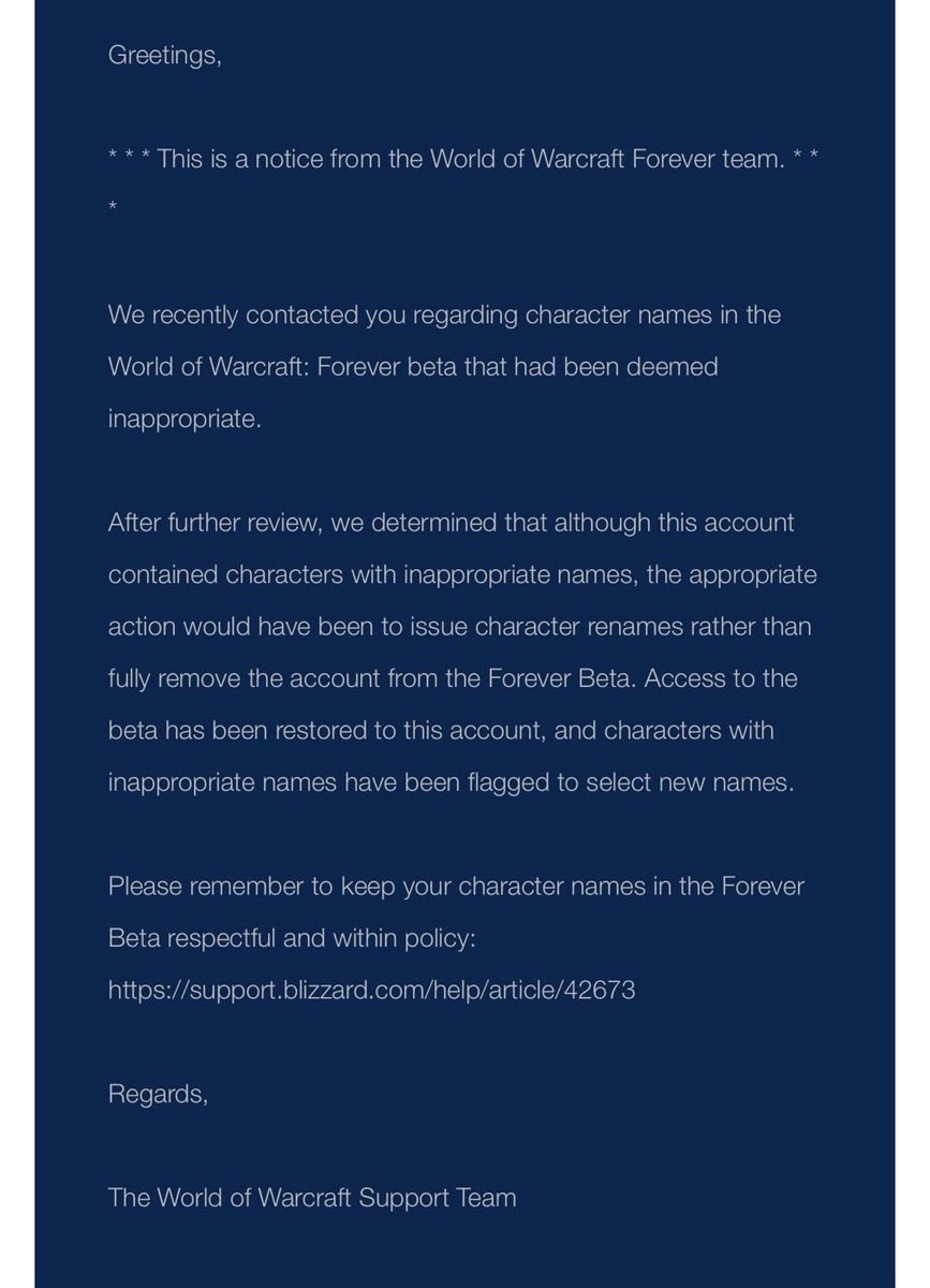 vanilla_dad's tweet photo. Blizzard just un-banned a guy and made him pick new names. Wild how quickly “be a better human” turned into “maybe we overdid it.”

Cc:@Blizzard_Ent @Warcraft https://t.co/QDMnPglBlj