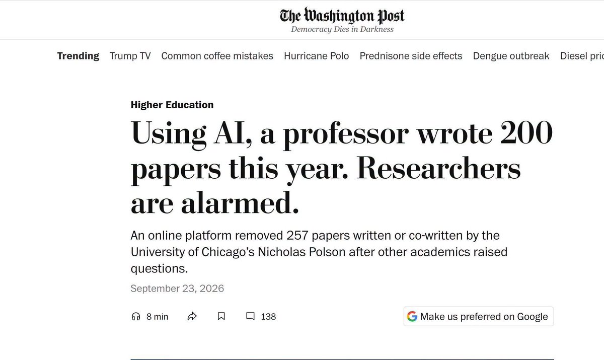 ScholarshipfPhd's tweet photo. 200 papers in one year.

That number is startling. But the bigger question is what happens when AI makes academic publishing scalable.

If publication volume can be generated faster than ever, maybe universities should stop focusing mainly on counting papers and pay more attention to quality, provenance and genuine intellectual contribution.