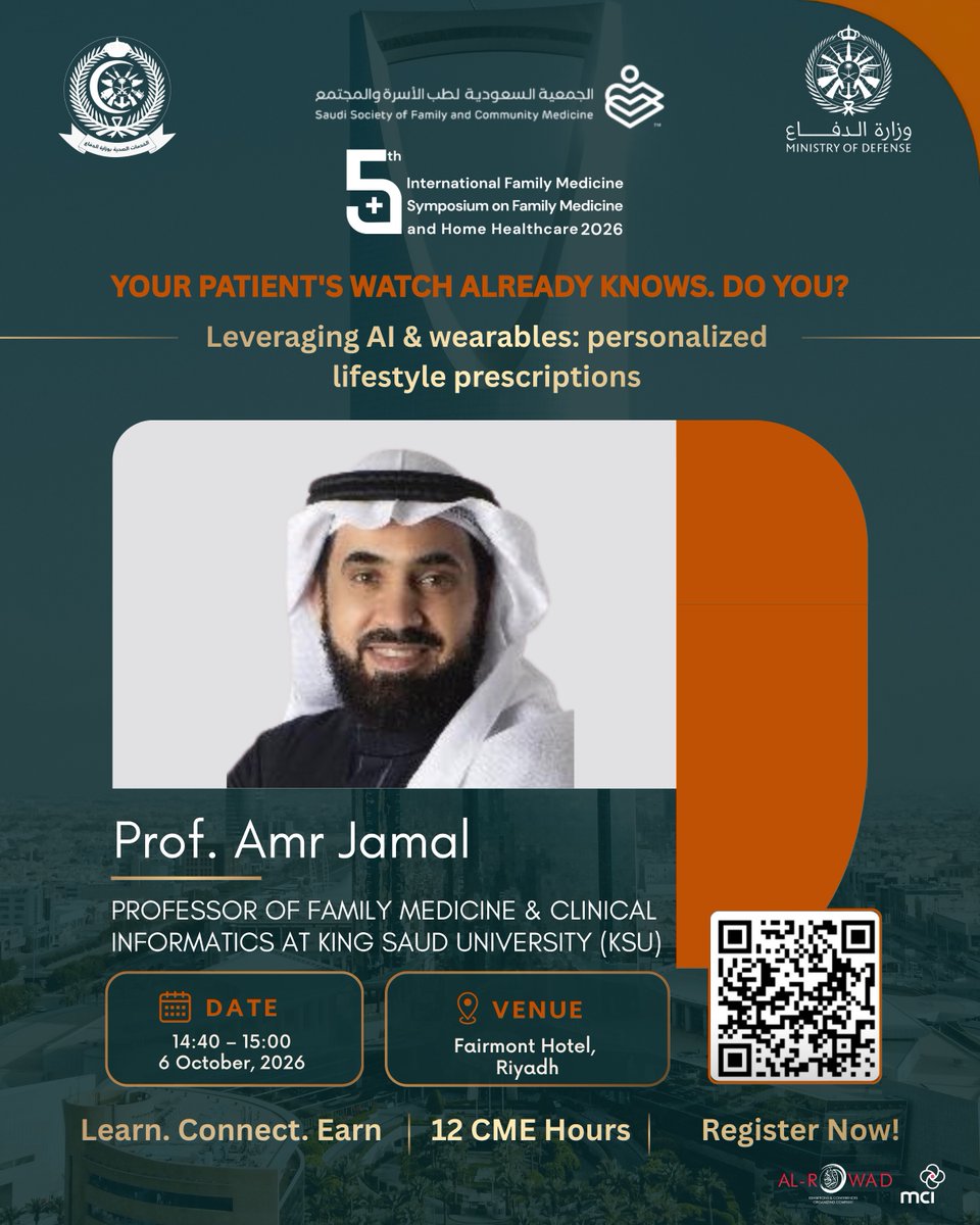 MCIAlRowad's tweet photo. 11 speakers. One conversation about where primary care is headed.

Day One of the 5th International Family Medicine Symposium brings together leading voices reimagining care, from home healthcare to community-based practice.

📅 6 October | Fairmont Hotel, Riyadh
Register now — seats are limited.
https://t.co/u0BnurjXyH