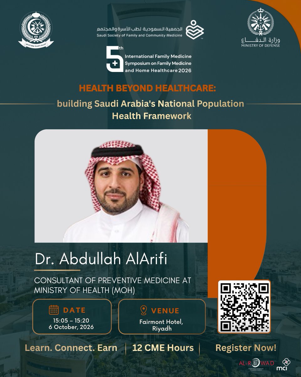 MCIAlRowad's tweet photo. 11 speakers. One conversation about where primary care is headed.

Day One of the 5th International Family Medicine Symposium brings together leading voices reimagining care, from home healthcare to community-based practice.

📅 6 October | Fairmont Hotel, Riyadh
Register now — seats are limited.
https://t.co/u0BnurjXyH