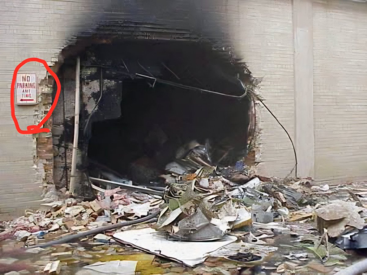 JackMedia7's tweet photo. So, outside the Pentagon we find this. A no parking sign, and a small hole said to be made from an impact by an airliner. 🤔

Where's the plane? 

Wings?
Fuselage?
Seats?
Bodies?
12 tons of titanium engines?

MORE 9/11 TRUTH AT THE WORLD'S CONNECTION TO UNSTOPPABLE TRUTH AT 17PLUS WORLDWIDE TRUTH NETWORK AT https://t.co/GmUOATMnW7