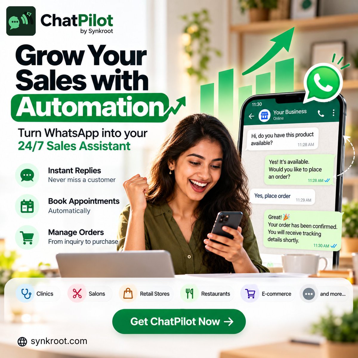 synkroothq's tweet photo. 🚀 Turn Conversations Into More Sales with ChatPilot!

Make WhatsApp work smarter for your business with ChatPilot by Synkroot. 💬🤖 Automate customer replies, manage leads and enquiries.

#ChatPilot #Synkroot #WhatsAppAutomation #AIAutomation #BusinessGrowth #LeadManagement https://t.co/V8TIc3RG4s