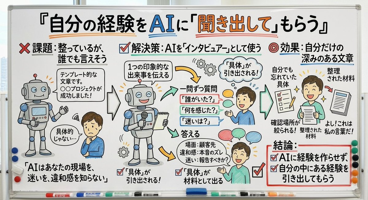 matsui_pg_inst's tweet photo. AIに文章を作ってもらうと整っていても、誰でも言えそうと感じることがあります。文章を書かせる前にAIをインタビュアーとして使い、印象に残った出来事を伝え、そのとき誰がいた、何を感じたと一問ずつ聞いてもらいましょう。答えるうちに忘れていた具体が材料として出てきます。 https://t.co/BH21M9i0eF