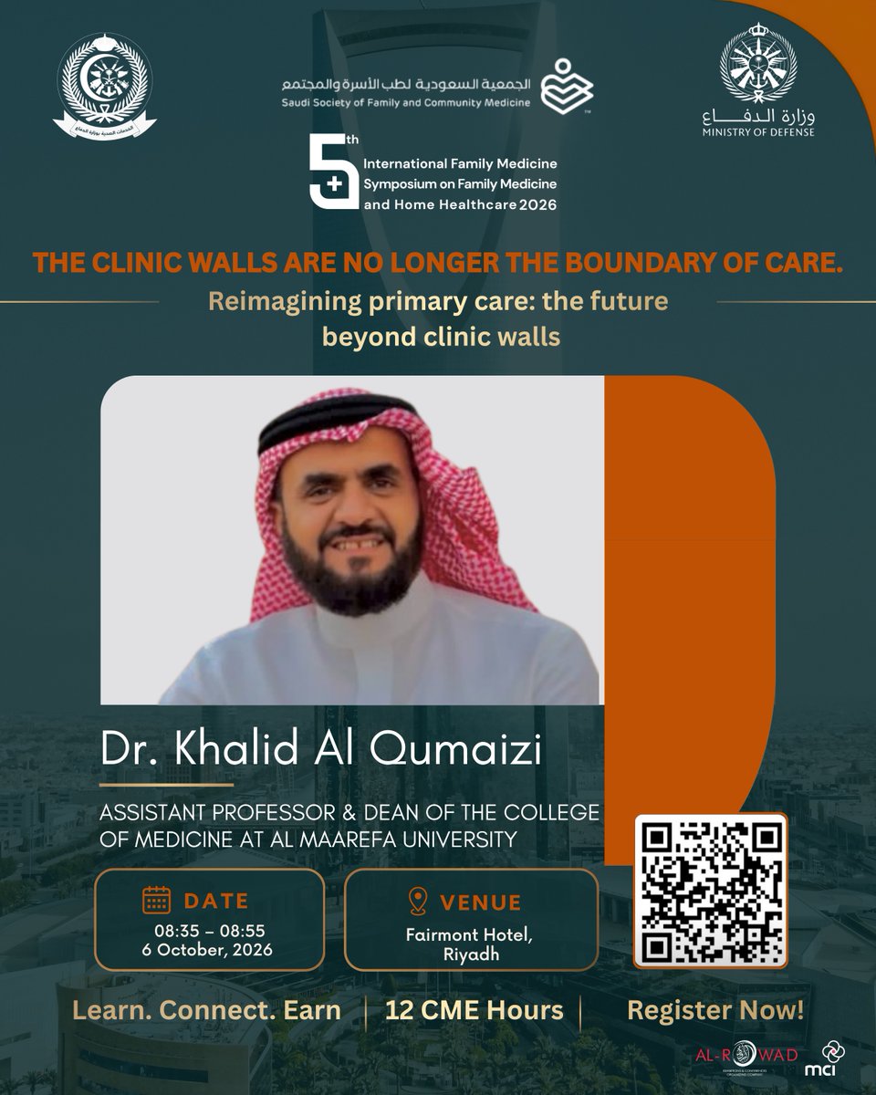 MCIAlRowad's tweet photo. 11 speakers. One conversation about where primary care is headed.

Day One of the 5th International Family Medicine Symposium brings together leading voices reimagining care, from home healthcare to community-based practice.

📅 6 October | Fairmont Hotel, Riyadh
Register now — seats are limited.
https://t.co/u0BnurjXyH