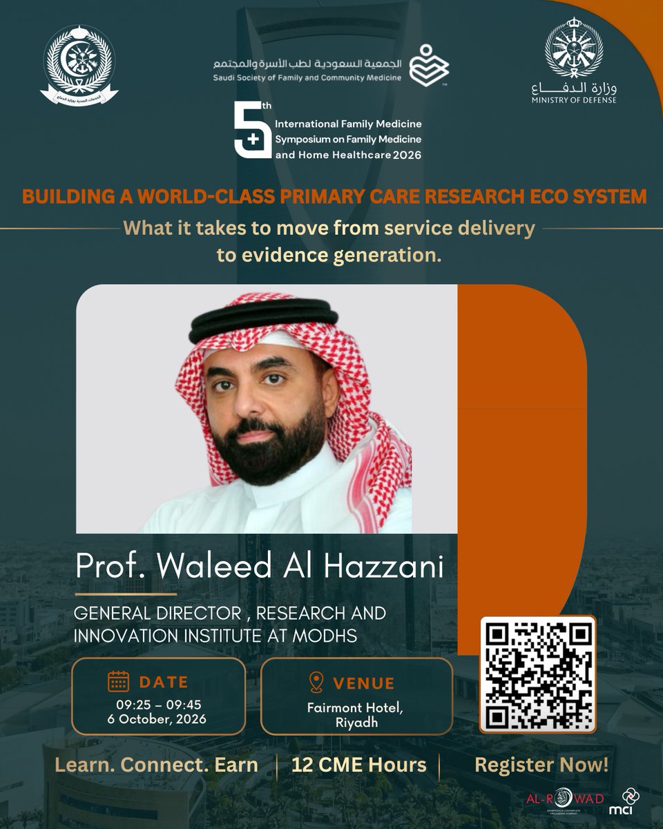 MCIAlRowad's tweet photo. 11 speakers. One conversation about where primary care is headed.

Day One of the 5th International Family Medicine Symposium brings together leading voices reimagining care, from home healthcare to community-based practice.

📅 6 October | Fairmont Hotel, Riyadh
Register now — seats are limited.
https://t.co/u0BnurjXyH