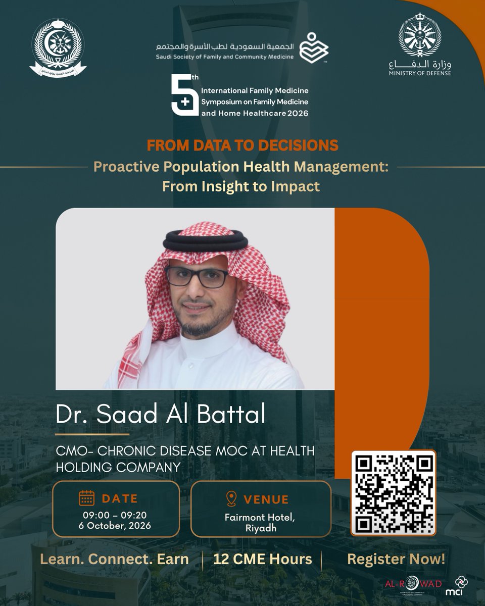 MCIAlRowad's tweet photo. 11 speakers. One conversation about where primary care is headed.

Day One of the 5th International Family Medicine Symposium brings together leading voices reimagining care, from home healthcare to community-based practice.

📅 6 October | Fairmont Hotel, Riyadh
Register now — seats are limited.
https://t.co/u0BnurjXyH