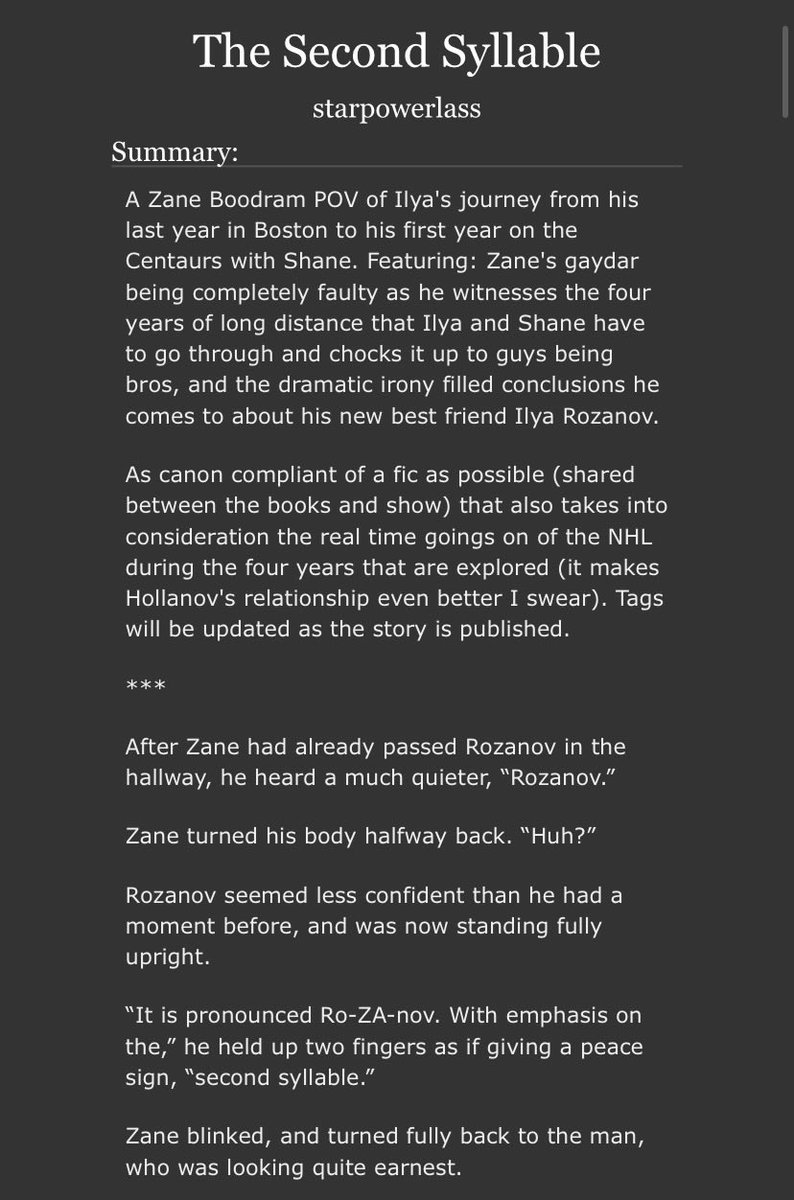 starpowerlass's tweet photo. Fourth chapter of The Second Syllable is up!

total wc: 22,209
chapter: 4/13

Ilya’s transition from Boston to Ottawa through the clueless but well-meaning eyes of Zane Boodram

🤨 outsider POV
🤨 secret relationship 
🤨 disturbingly canon compliant
🤨 dramatic irony to the max https://t.co/yE6xSwc3Hz