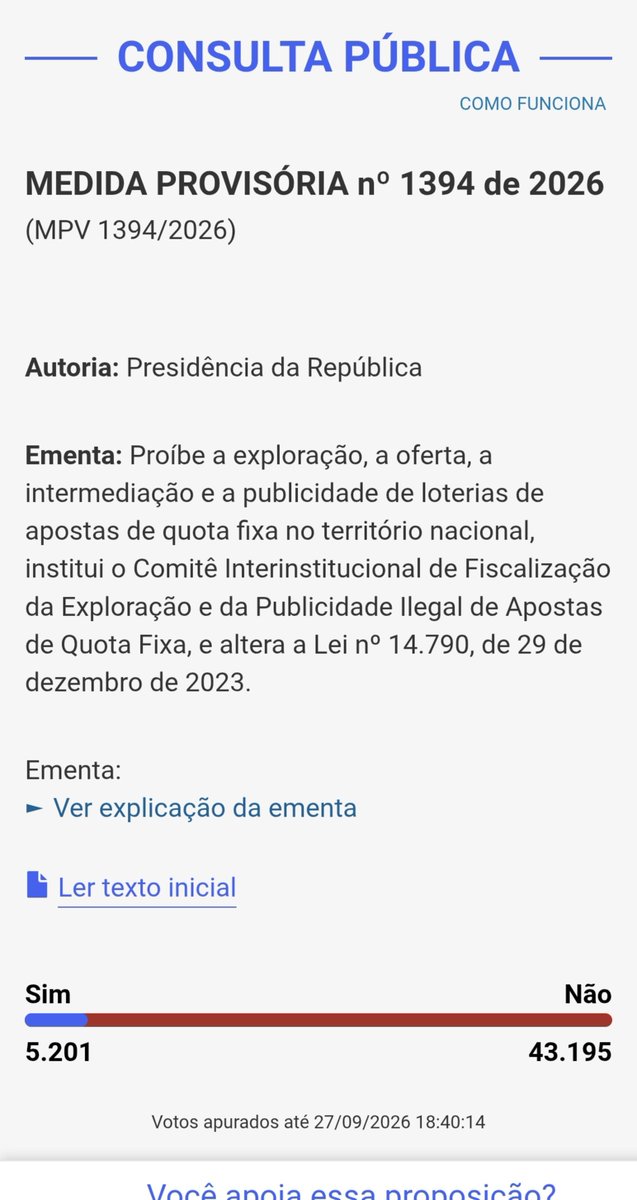 byebyedumb's tweet photo. Oi moots saiu uma consulta pública sobre a medida provisória contra bets

a questão é que influencers que divulgam bet são os únicos que estão divulgando a votação e consequentemente o "não" está vencendo

é muito importante o apoio popular nessas hrs
votem SIM então por favor https://t.co/iIS9w6U7ki